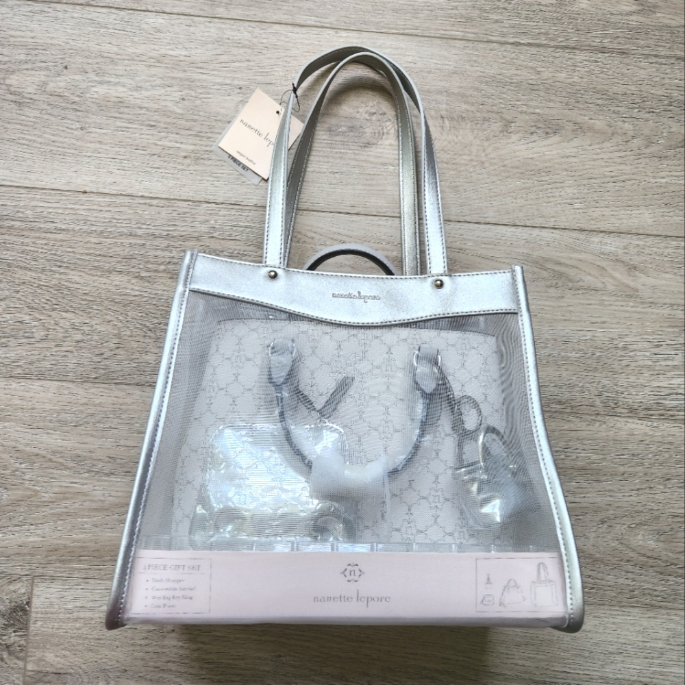 Nanette Lepore 4 Piece Set Silver Gray Purse Keyring Coin Purse